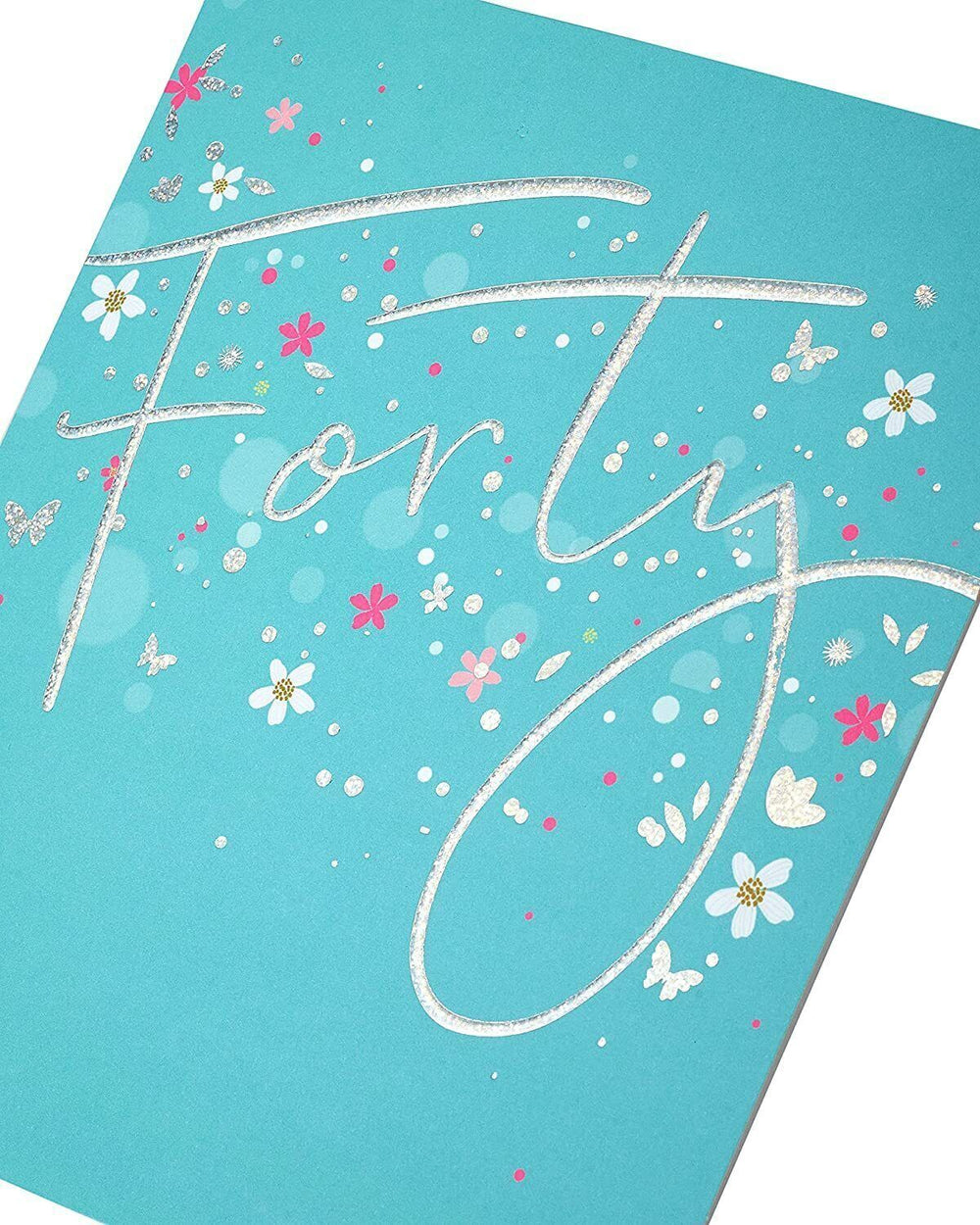 UK Greetings 40th birthday card with silver foil lettering, featuring festive design and celebratory message.