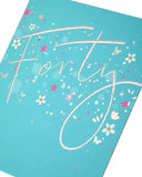 UK Greetings 40th birthday card with silver foil lettering, featuring festive design and celebratory message.