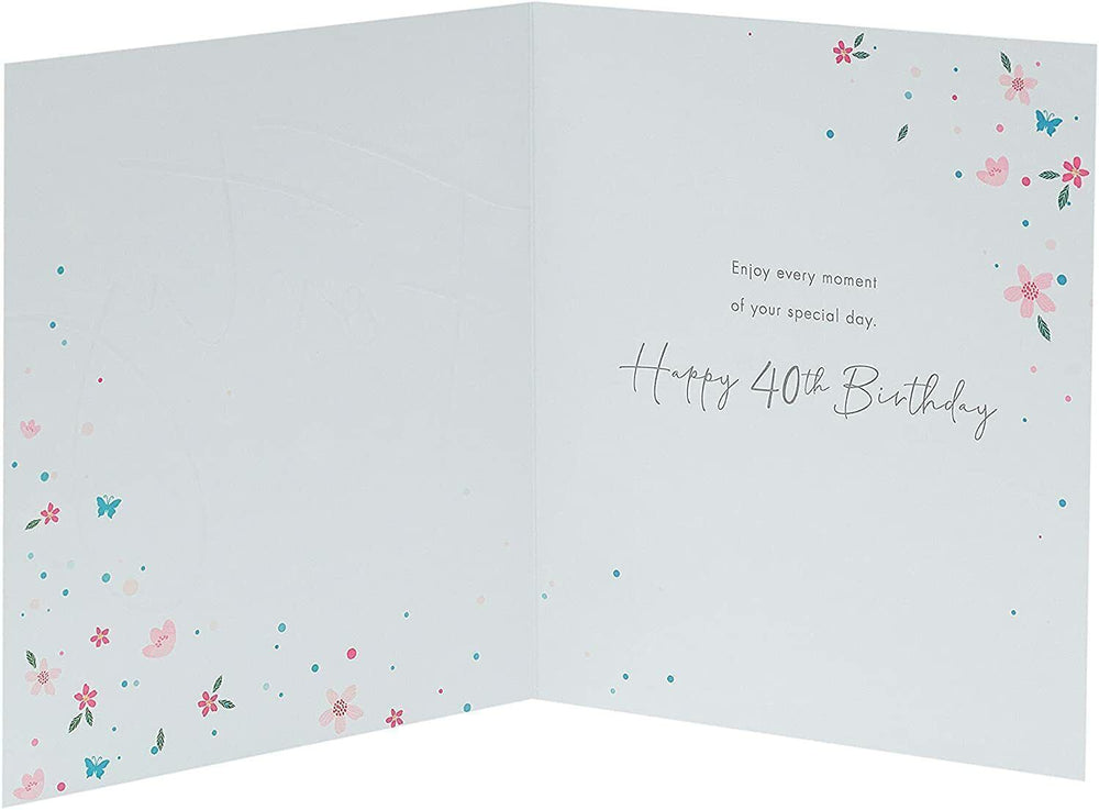UK Greetings 40th Birthday Card with silver foil lettering, celebrating milestone with elegant design and festive greeting card style.