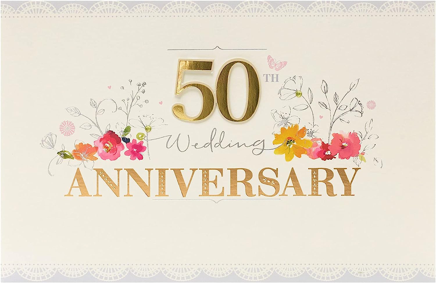UK Greetings 50th Anniversary Card for Couples featuring gold glitter and gem stones, decorative greeting card for special celebration