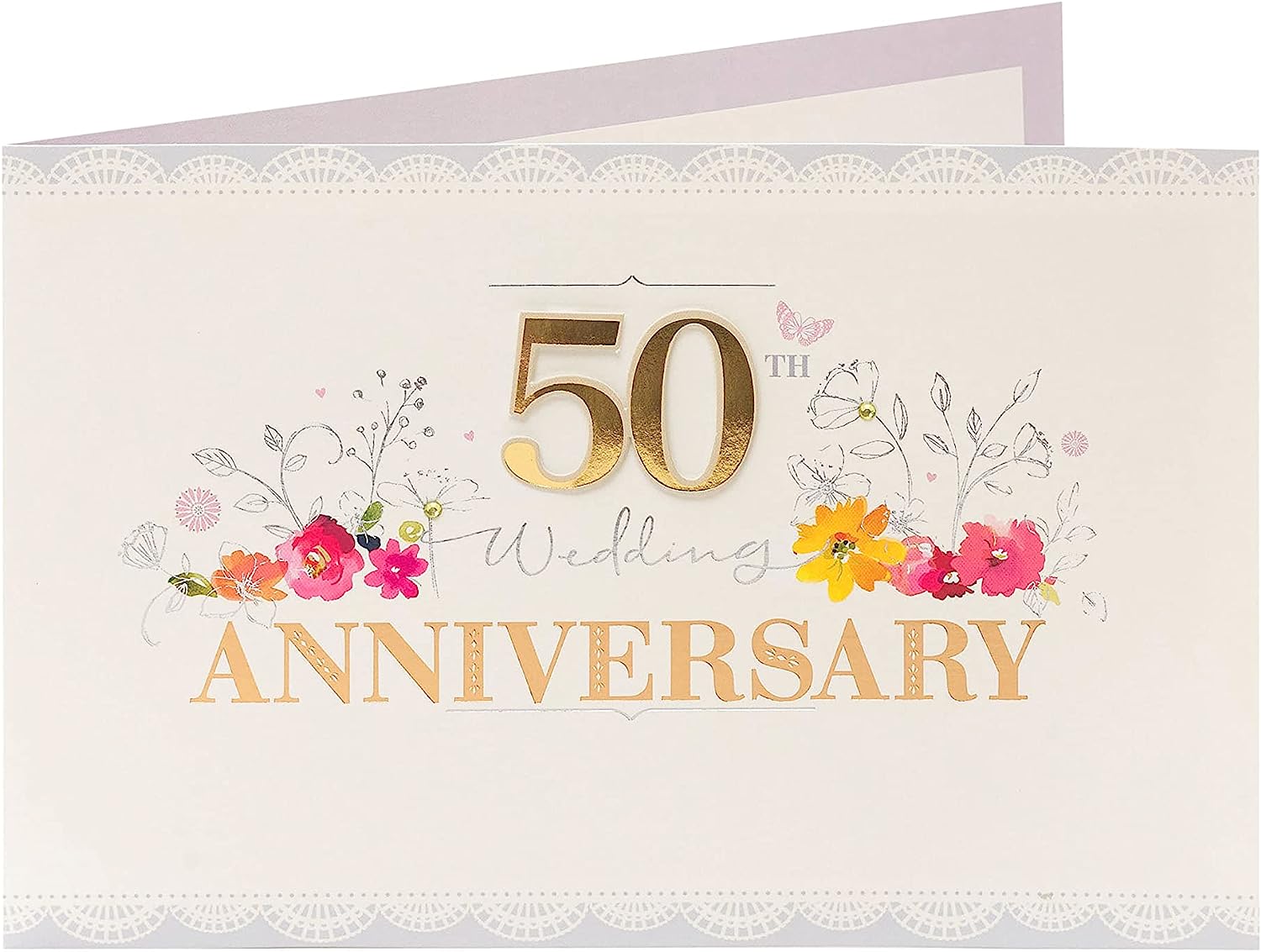 UK Greetings 50th Anniversary greeting card for couples with gold glitter and decorative gem stones, featuring elegant love-themed design.