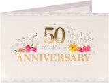 UK Greetings 50th Anniversary greeting card for couples with gold glitter and decorative gem stones, featuring elegant love-themed design.