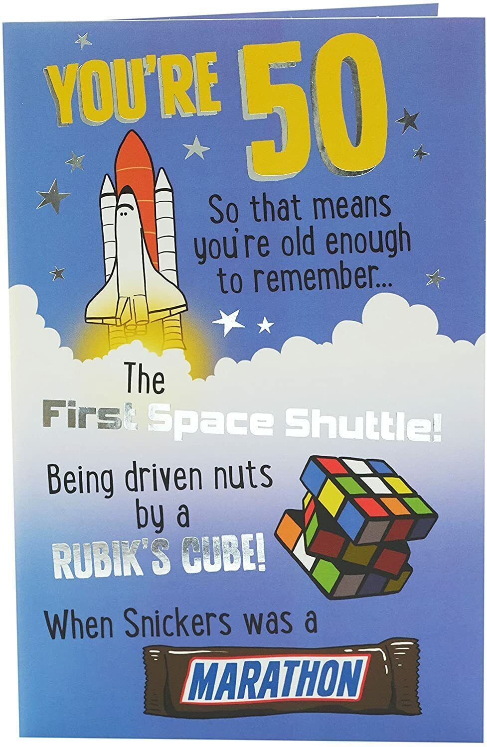 UK Greetings 50th Cheeky Humour Birthday Card with colorful illustrations and playful design for celebrating milestone birthdays.