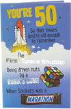 UK Greetings 50th Cheeky Humour Birthday Card with colorful illustrations and playful design for celebrating milestone birthdays.