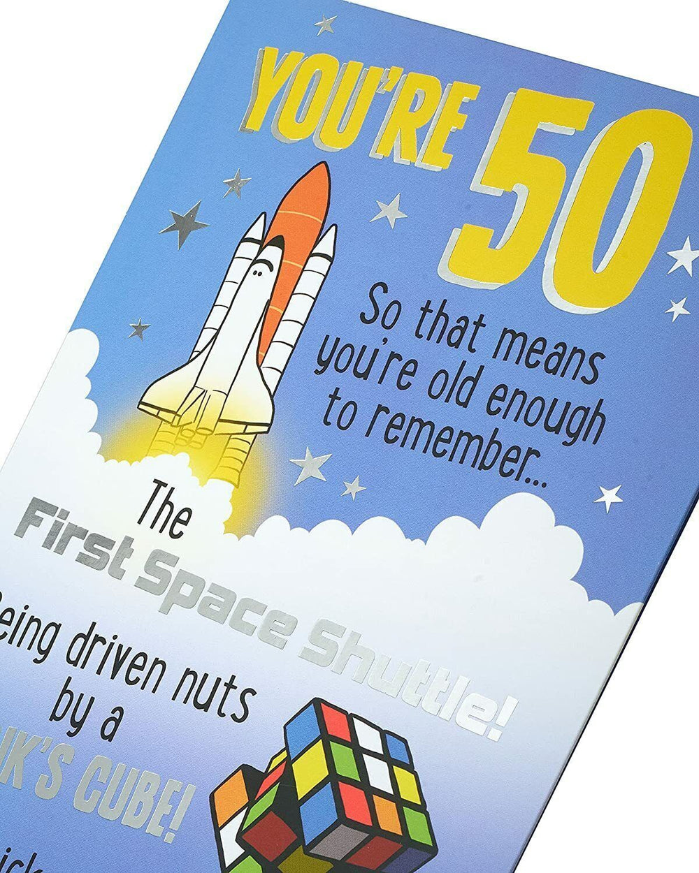 UK Greetings 50th Cheeky Humour Birthday Card featuring colorful humorous design and playful message for milestone birthday celebrations.