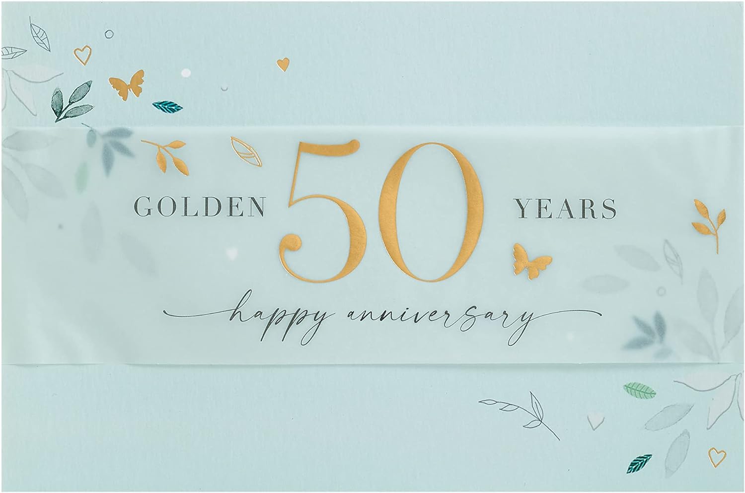 UK Greetings 50th wedding anniversary greeting card with leaf design, suitable for him, her, or a friend, featuring elegant artwork.