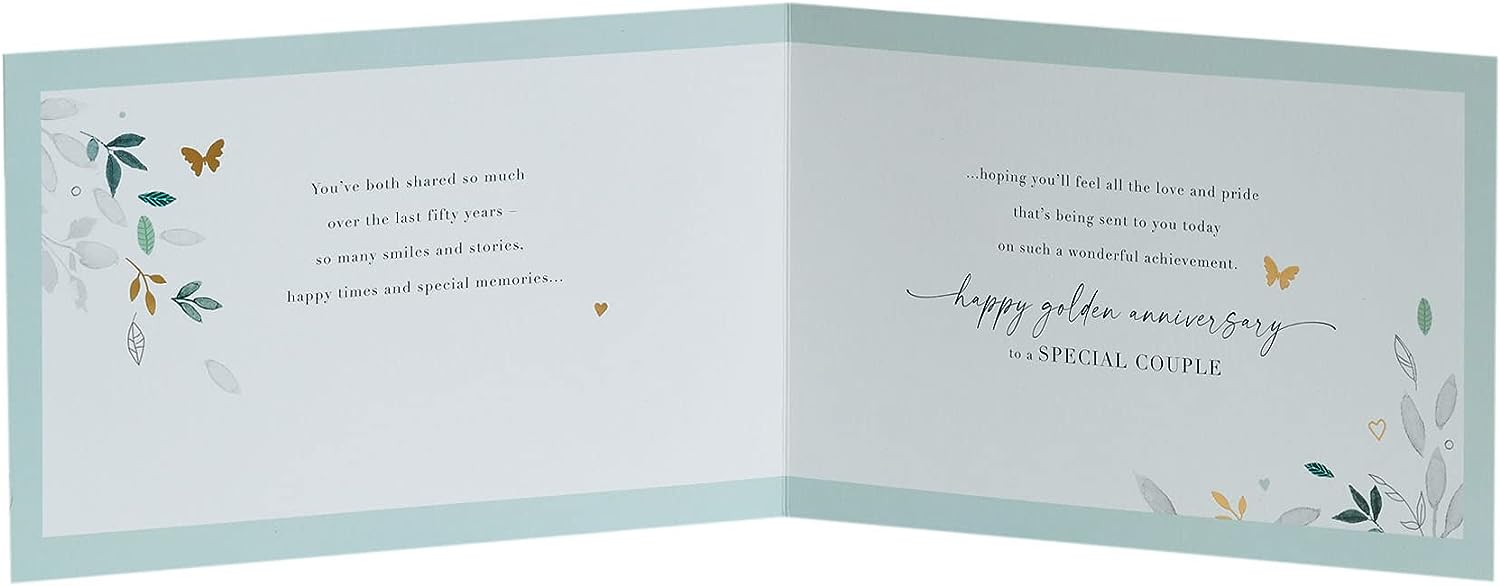 UK Greetings 50th wedding anniversary card for him, her, or friend with a leaves design, featuring elegant floral artwork on the front.