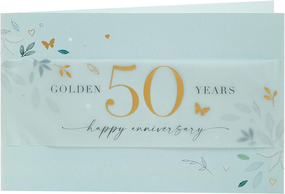 UK Greetings 50th Wedding Anniversary Card for Him, Her, or Friend featuring a elegant leaves design and heartfelt message.