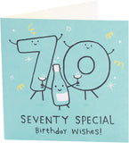 UK Greetings 70th birthday greeting card for him, her, or friends featuring a blue design and festive lettering.