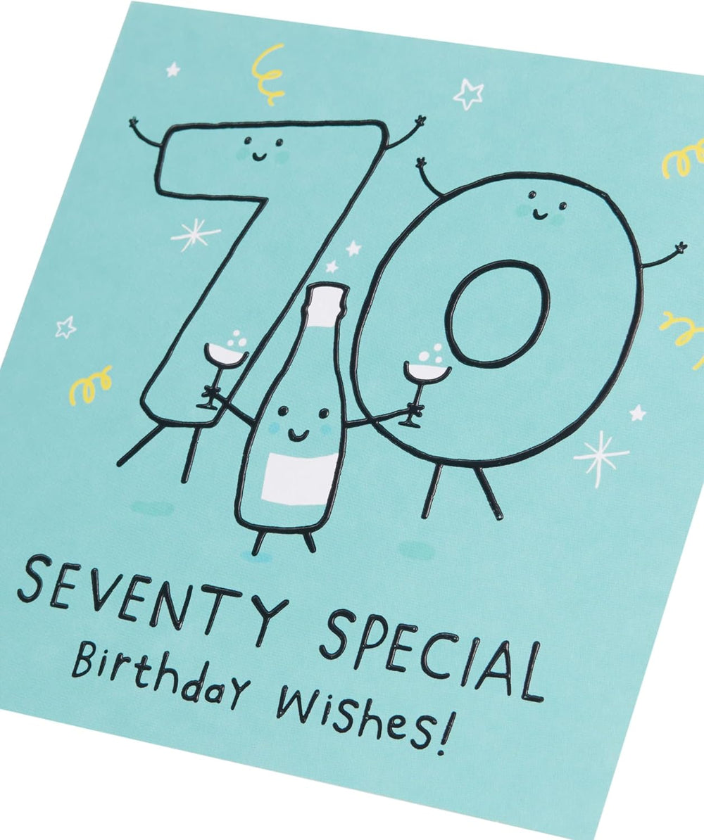UK Greetings 70th birthday card for him, her, or friend featuring a blue design, perfect for celebrating a special milestone.