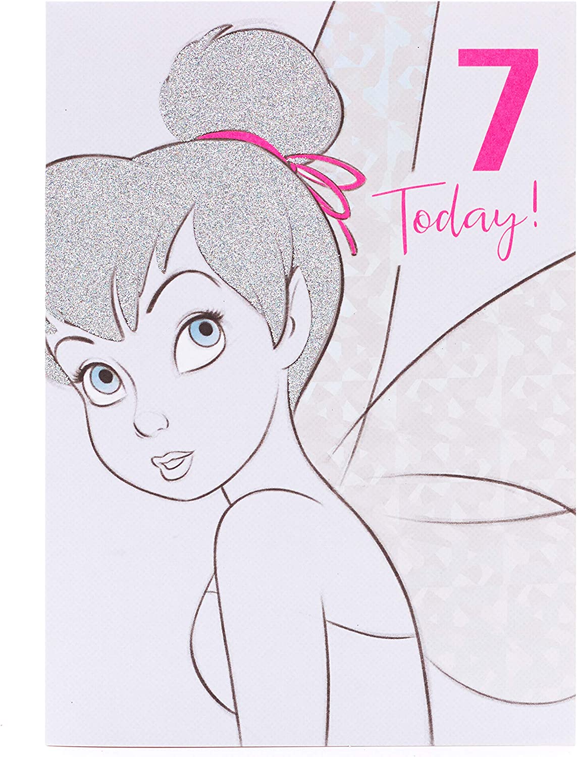 UK Greetings Tinker Bell Disney greeting card for 7-year-old girls, featuring colorful Tinker Bell design for special occasions.