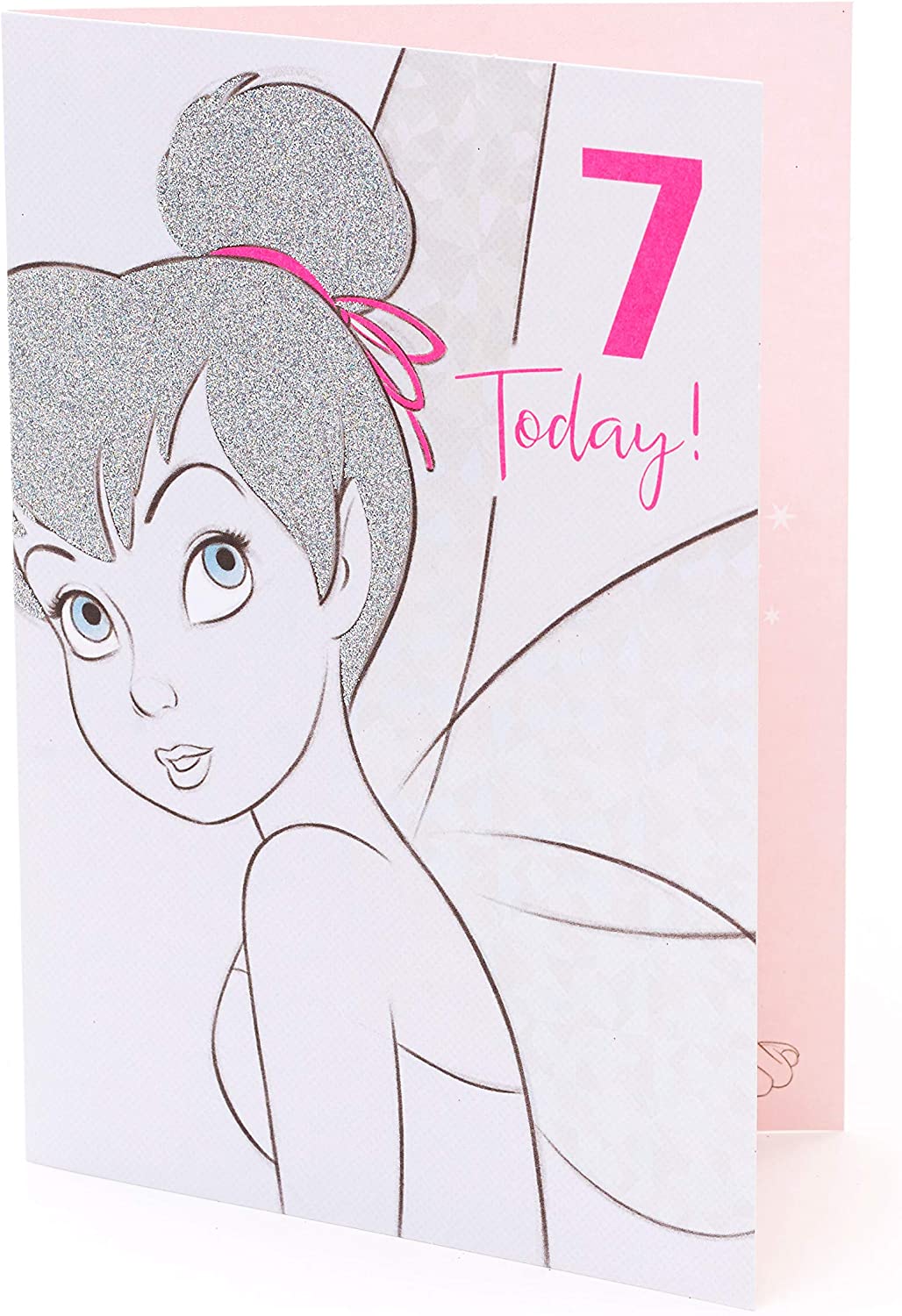 UK Greetings Disney Tinker Bell greeting card for 7-year-old girls featuring Tinker Bell illustration and colorful design.