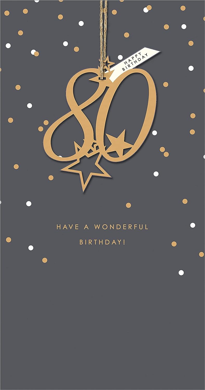 UK Greetings 80th birthday greeting card for him, her, or friend featuring a raffia design and festive decorations.