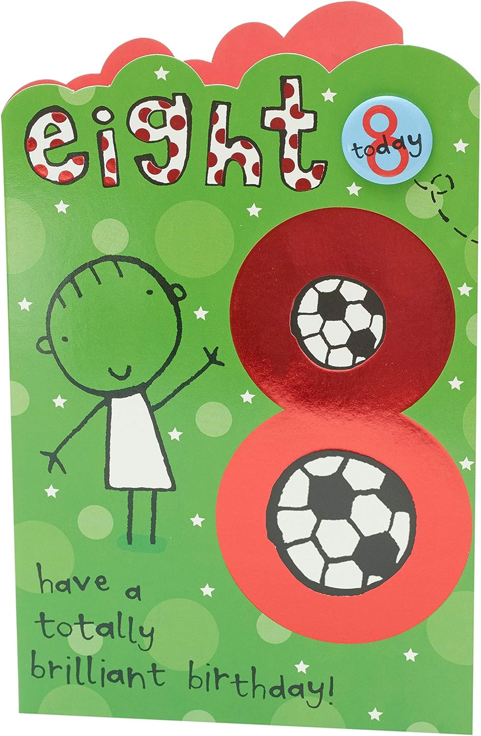 UK Greetings 8th football birthday greeting card featuring a badge, with colorful football-themed design and cheerful message.