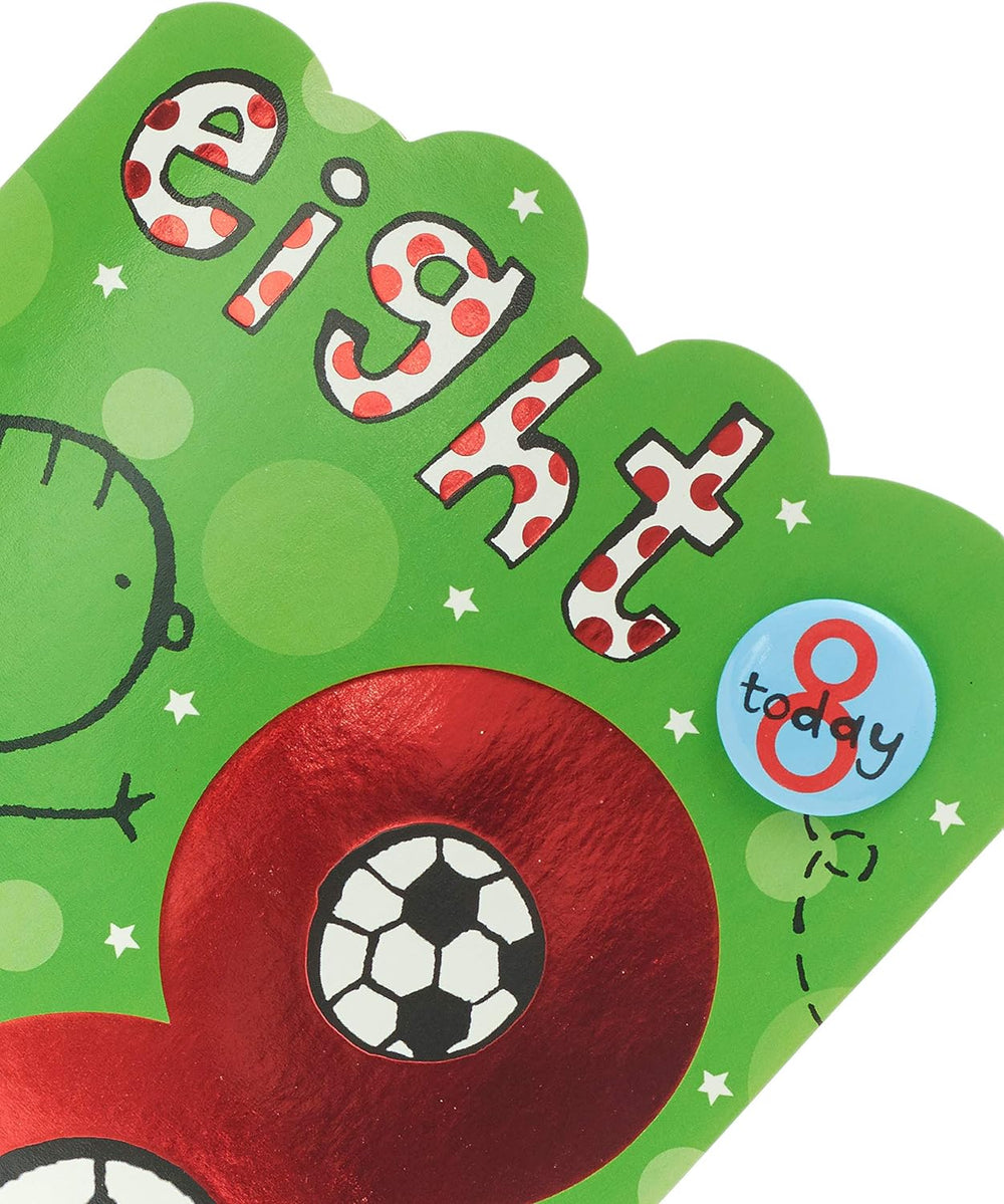 UK Greetings 8th football birthday card featuring vibrant football graphics and a matching badge for celebration.