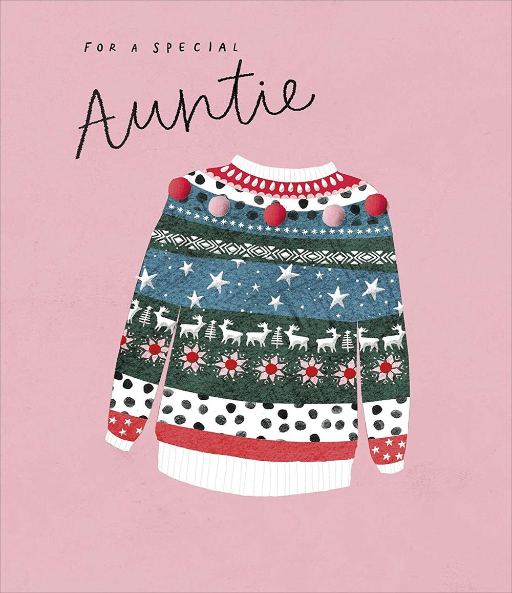 UK Greetings Christmas greeting card featuring a festive jumper design, perfect for sending special holiday wishes to an auntie.
