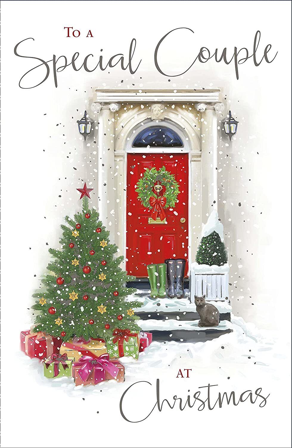 UK Greetings A Special Couple traditional foiled Christmas card showing festive holiday design with a romantic theme.