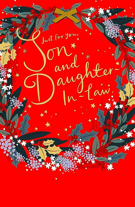 UK Greetings Christmas greeting card featuring "A Wonderful Son & Daughter-in-Law" with festive foiled accents.