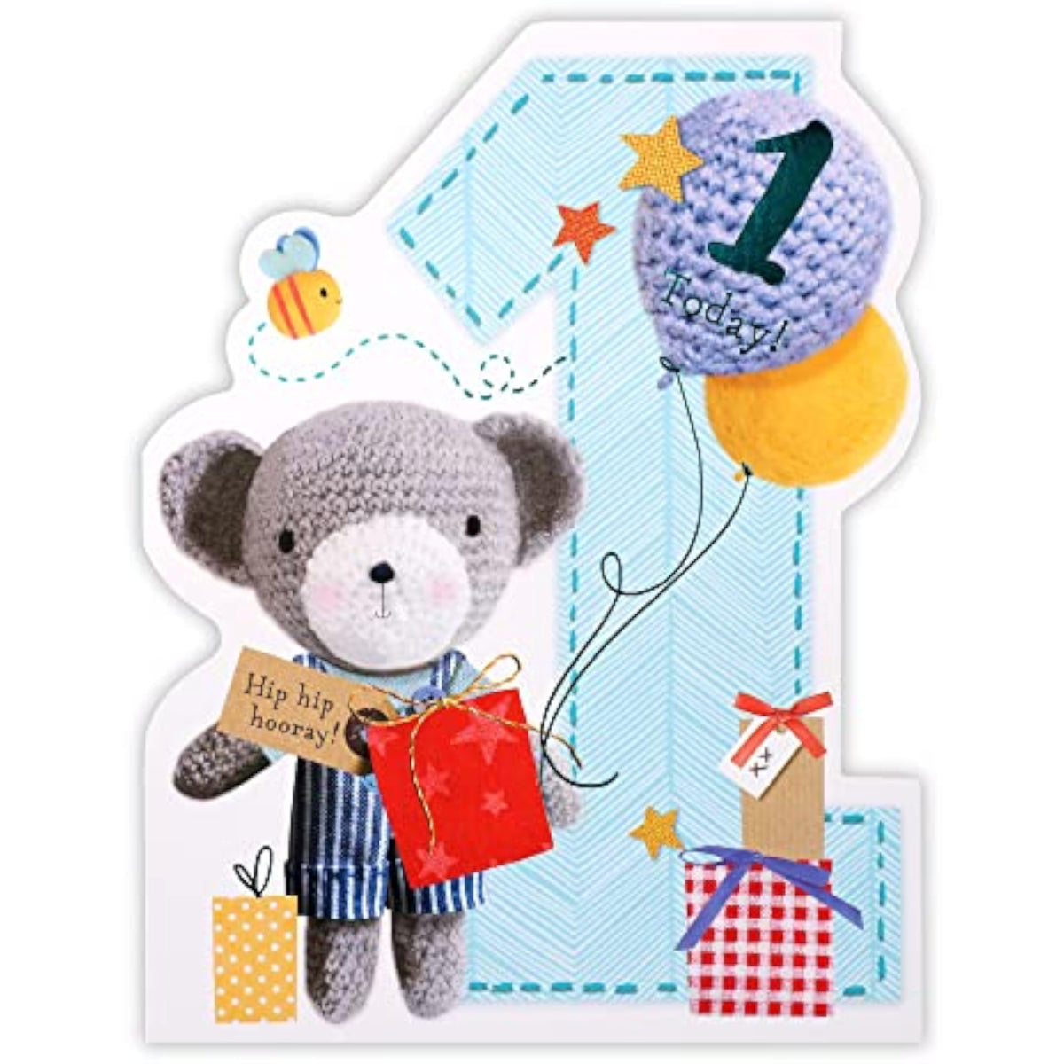 UK Greetings Age 1 knitted bear birthday card featuring a cute bear holding a balloon, perfect for celebrating a first birthday.