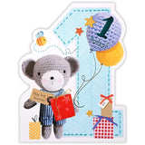 UK Greetings Age 1 knitted bear birthday card featuring a cute bear holding a balloon, perfect for celebrating a first birthday.