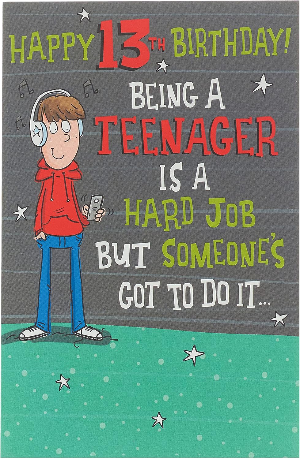 UK Greetings Age 13 birthday card for teenage boys, featuring colorful designs suitable for a teenage boy's birthday celebration.