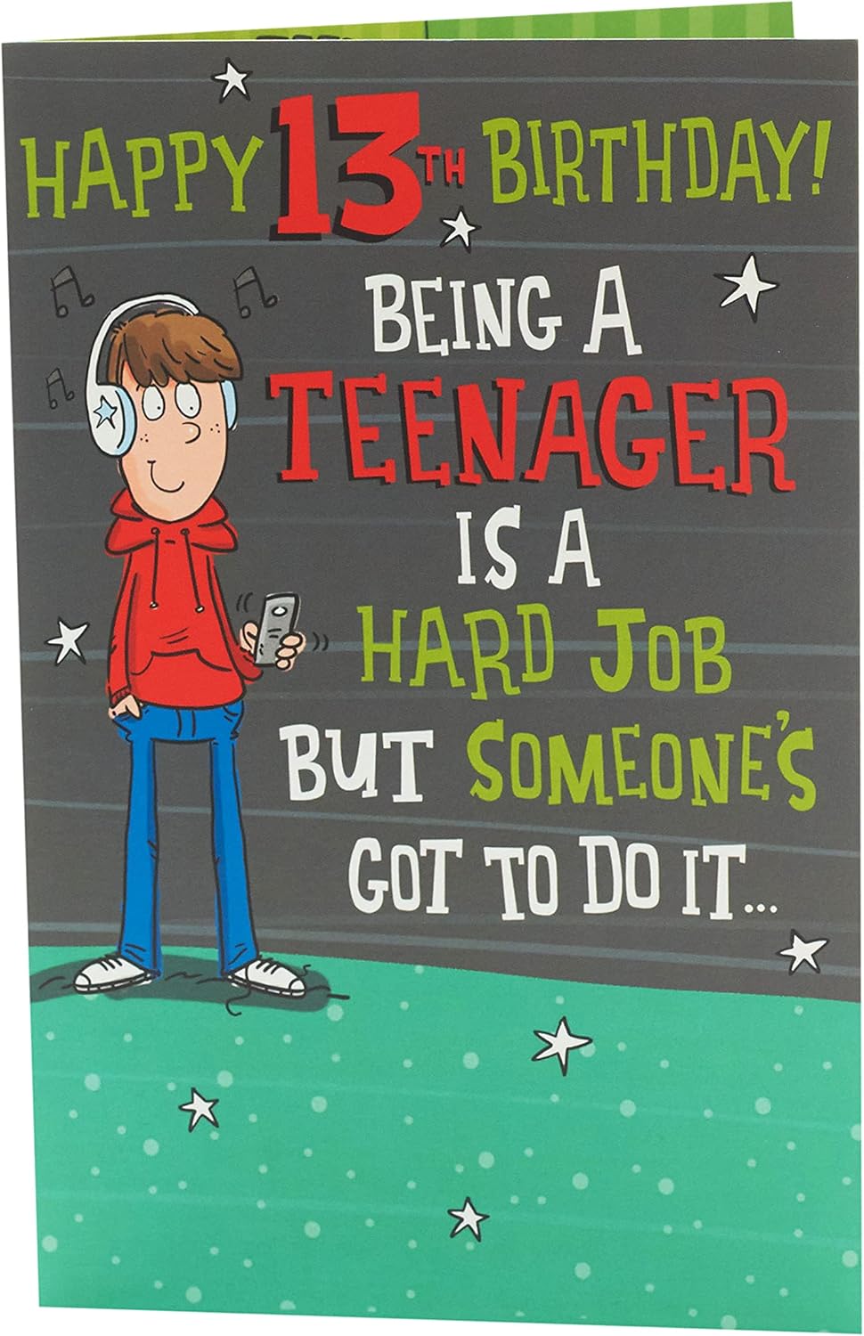 UK Greetings Age 13 birthday card featuring colorful teenage boy design, perfect for celebrating a teenage boy's special day.