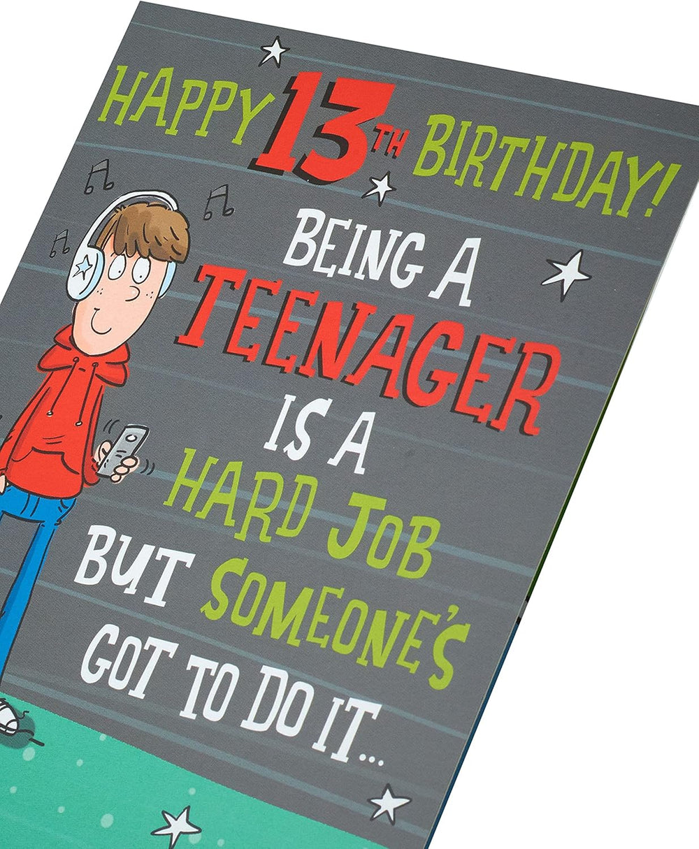 UK Greetings Age 13 birthday card for teenage boys, featuring colorful birthday-themed design and playful graphics.