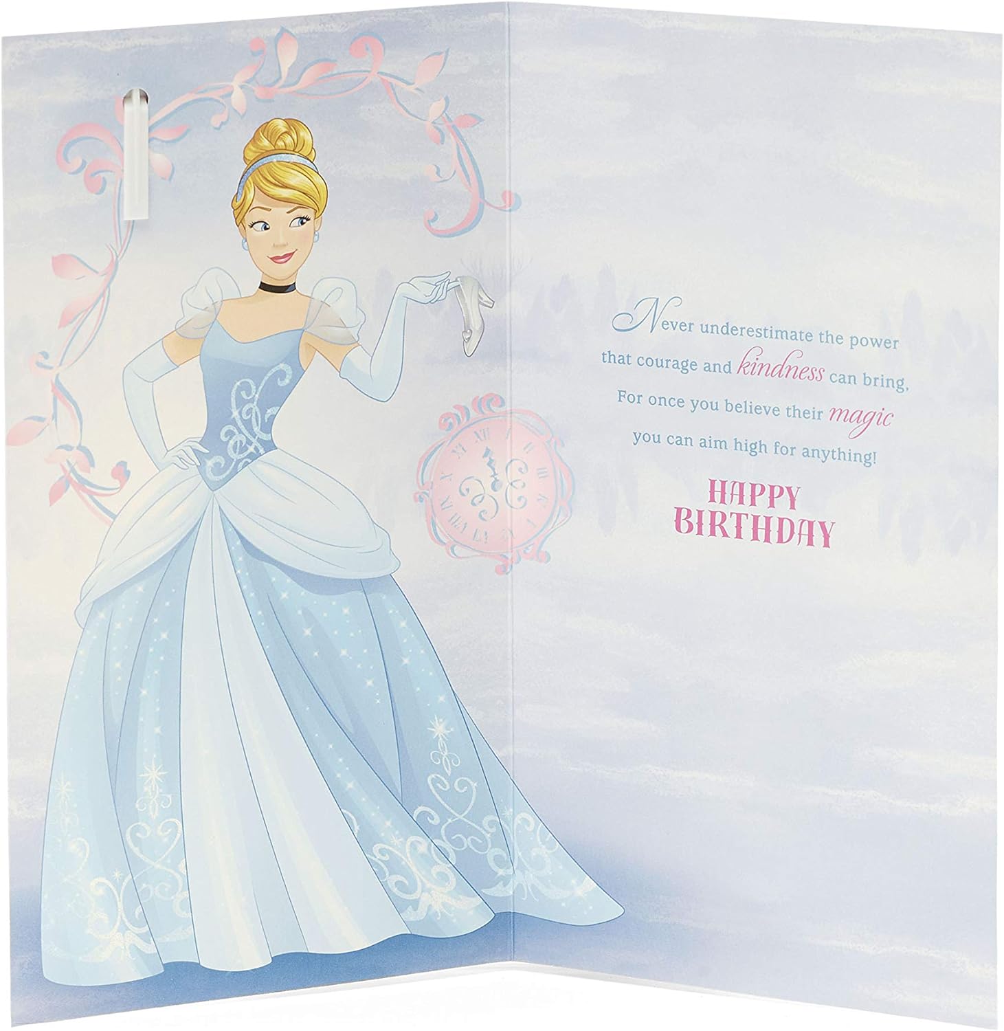 UK Greetings Disney Princess Cinderella birthday card for girls with badge, featuring Cinderella and colorful birthday design.