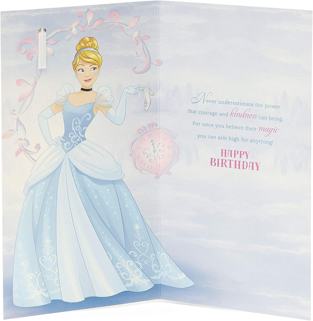 UK Greetings Disney Princess Cinderella birthday card for girls with badge, featuring Cinderella and colorful birthday design.