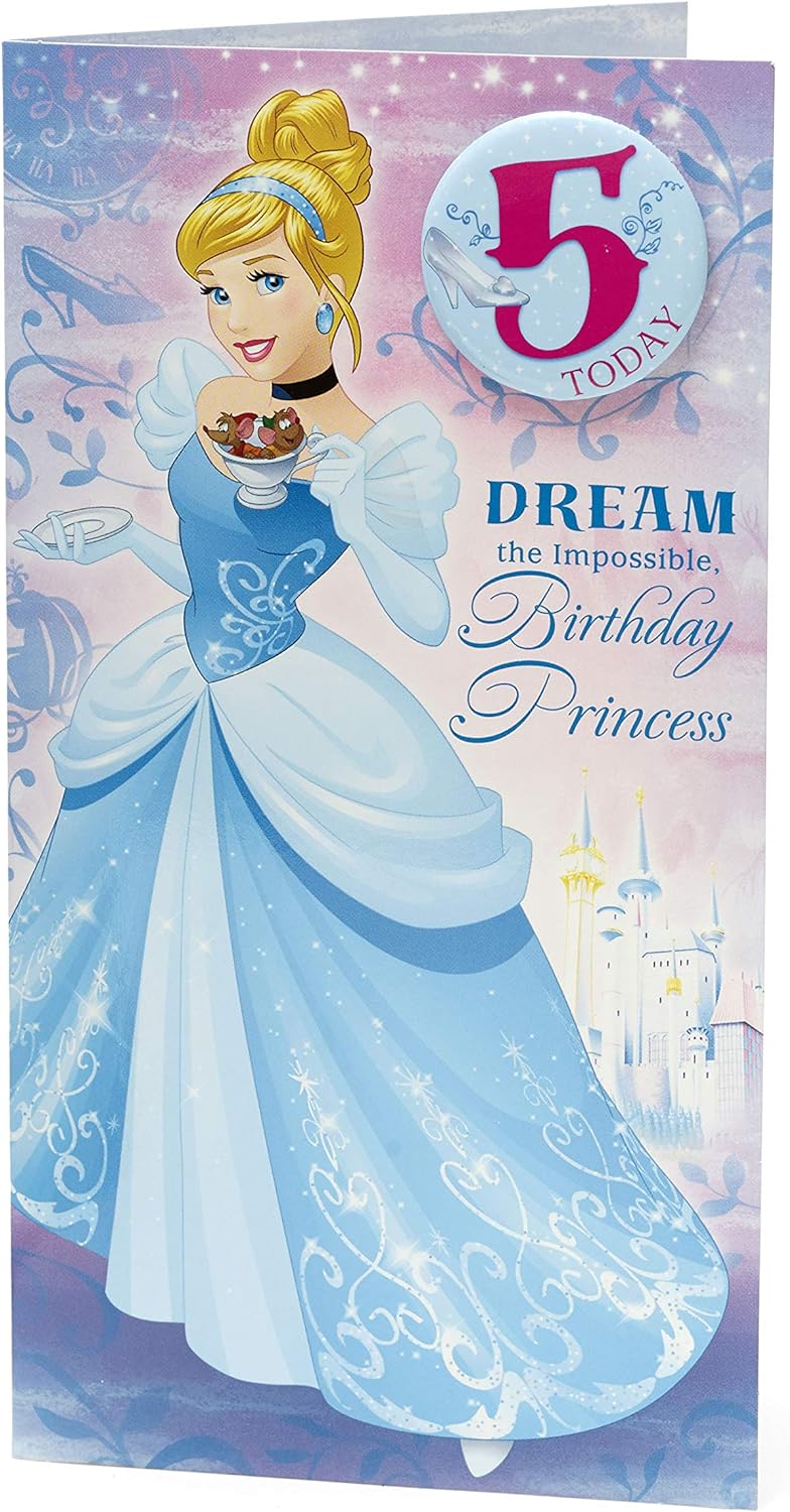 UK Greetings Disney Princess Cinderella birthday card for a girl celebrating 5th birthday, featuring a badge and princess illustration.
