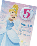 UK Greetings Disney Princess Cinderella birthday card for girls with badge, featuring colorful Cinderella illustration and festive design.