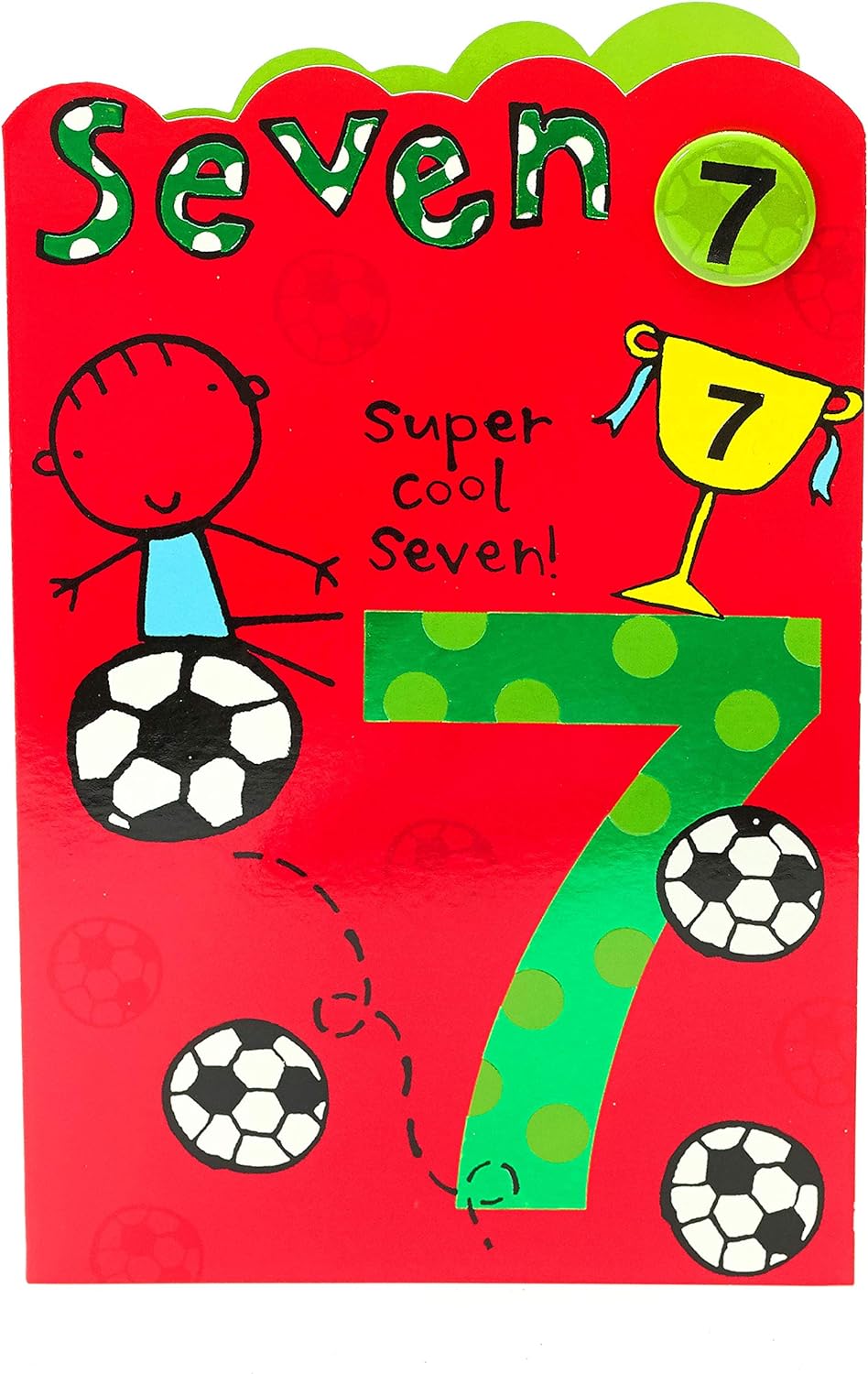 UK Greetings football birthday card for age 7 featuring a badge, designed for young football fans, with colorful football-themed design.