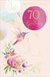 UK Greetings Age 70 milestone birthday card featuring a hummingbird and balloon with a gold foil finish.