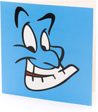 UK Greetings Aladdin Genie greeting card featuring colorful genie illustration on a festive background.