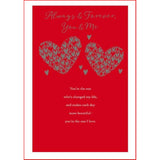 UK Greetings Valentine's Day card featuring "Always & Forever, You & Me" design, with romantic heartfelt message.