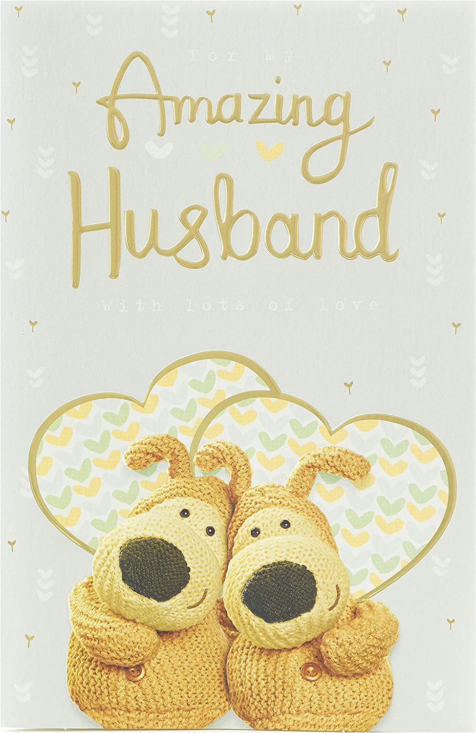 UK Greetings Amazing Husband wedding anniversary greeting card featuring cute Boofles illustration with festive design elements.