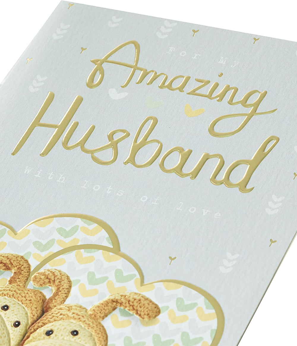 UK Greetings Amazing Husband wedding anniversary greeting card featuring cute Boofles illustration and heartfelt message.