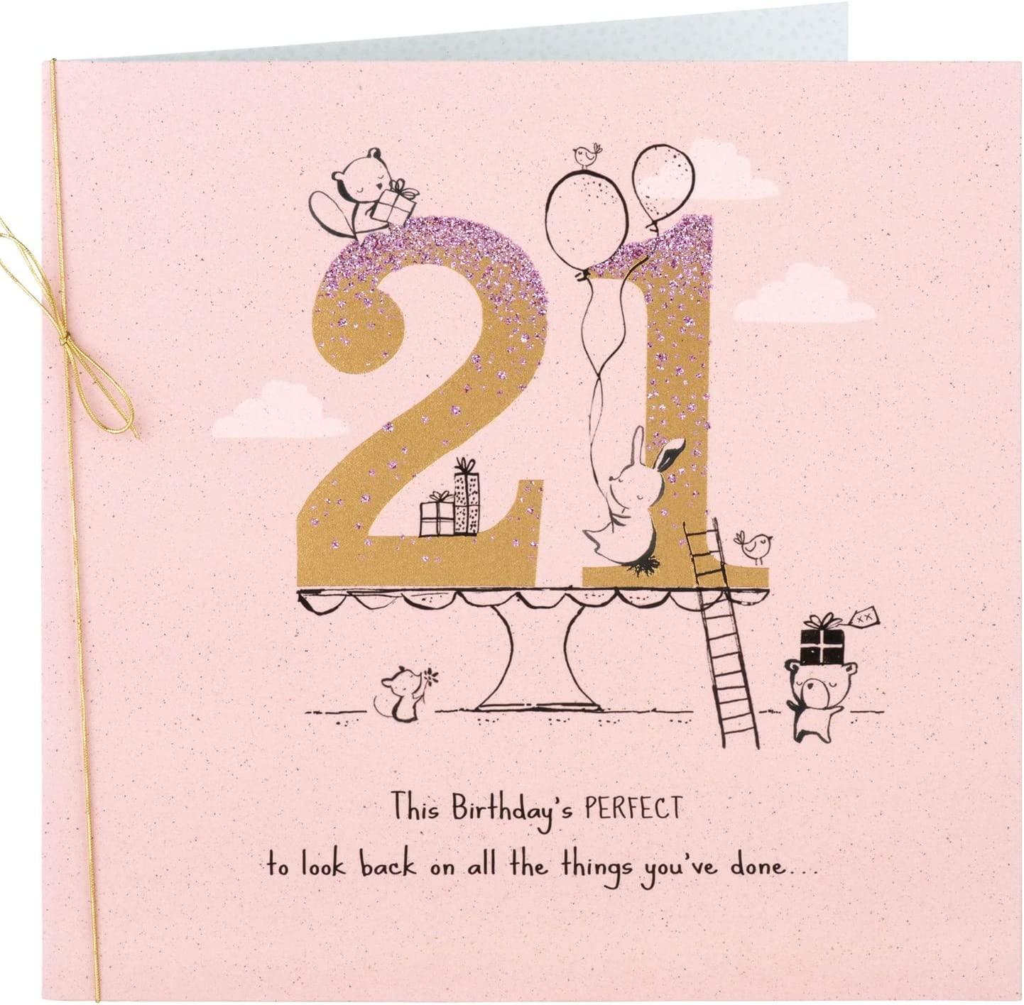 UK Greetings 21st birthday card featuring adorable animals carrying gifts and balloons, perfect for celebrating with a cheerful design.