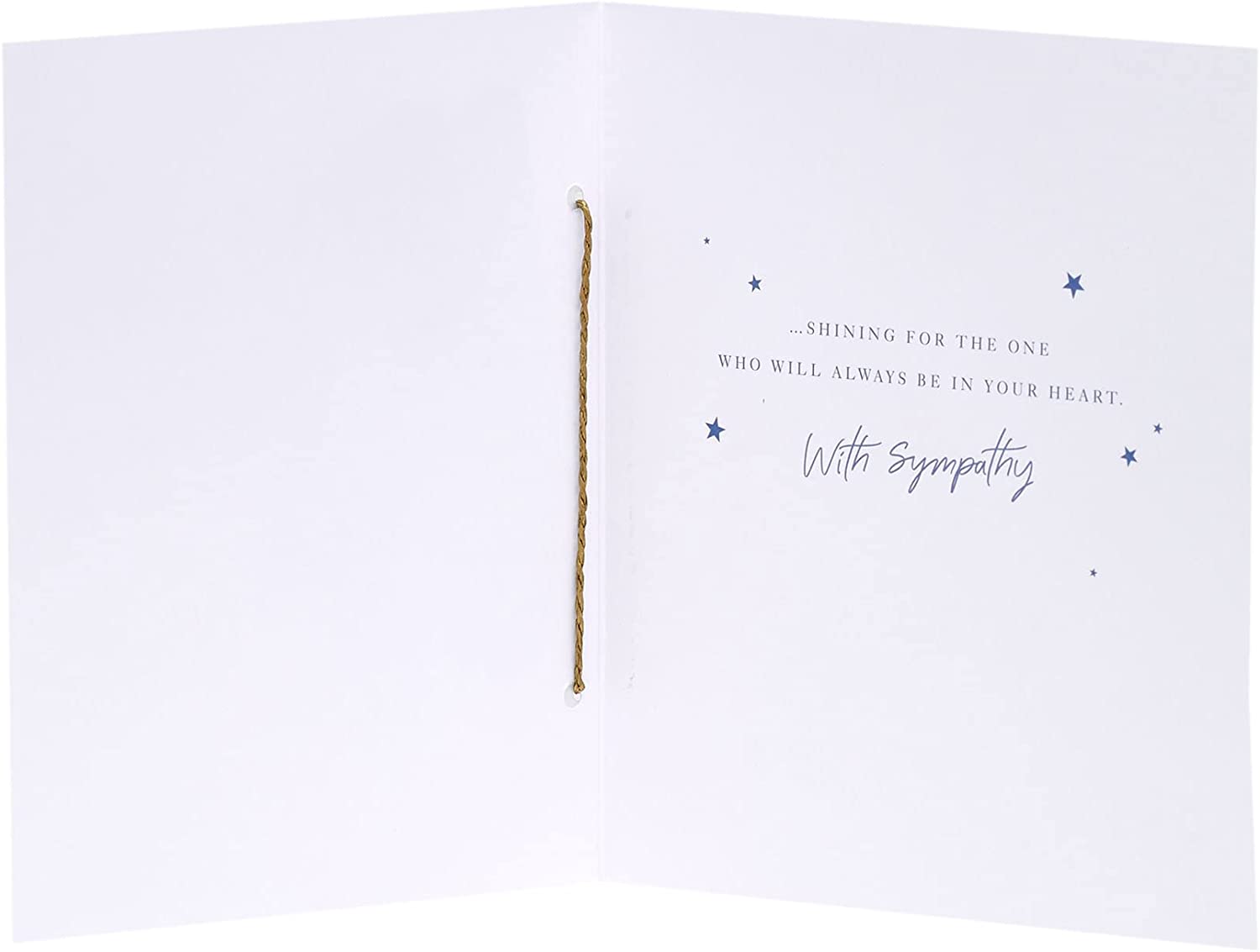 UK Greetings sympathy greeting card featuring a gold foil design with a starry sky, conveying heartfelt condolences.