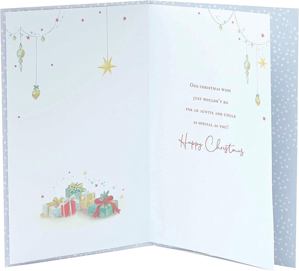 UK Greetings Auntie and Uncle Christmas Card featuring a traditional Christmas tree design with festive holiday imagery.