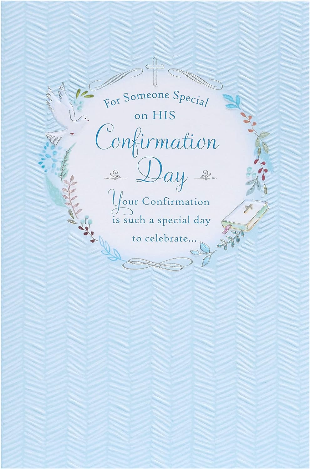 UK Greetings baby blue confirmation card for boys, featuring a charming design with soft blue tones and celebratory details.