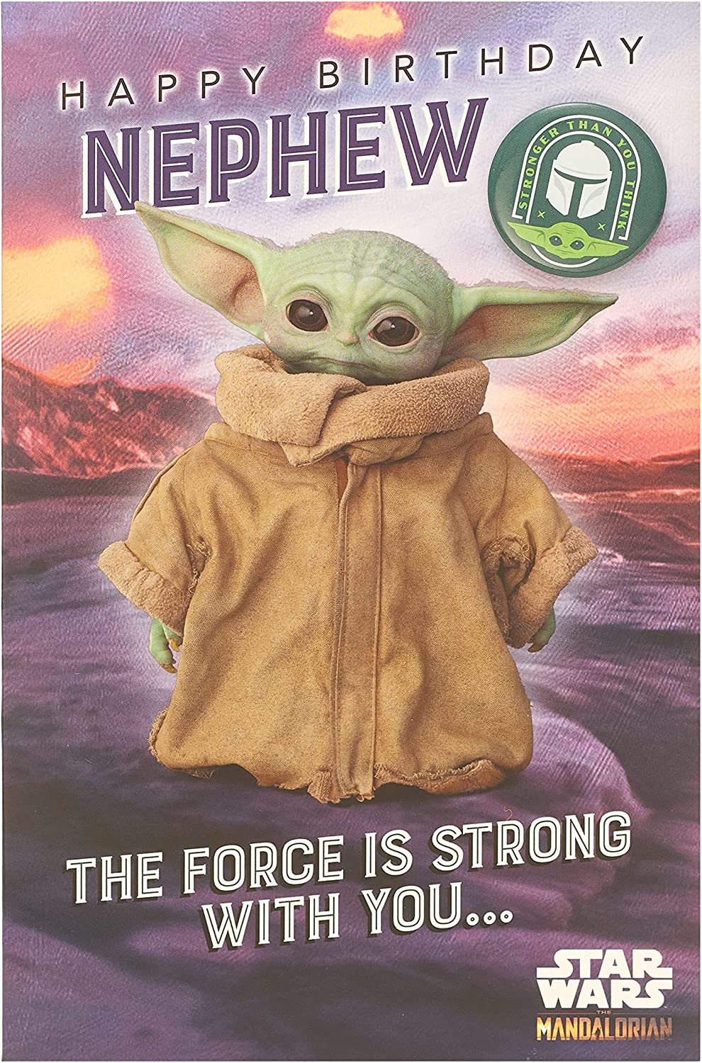 UK Greetings Baby Yoda nephew birthday card featuring a colorful design and a badge, perfect for celebrating a special occasion.