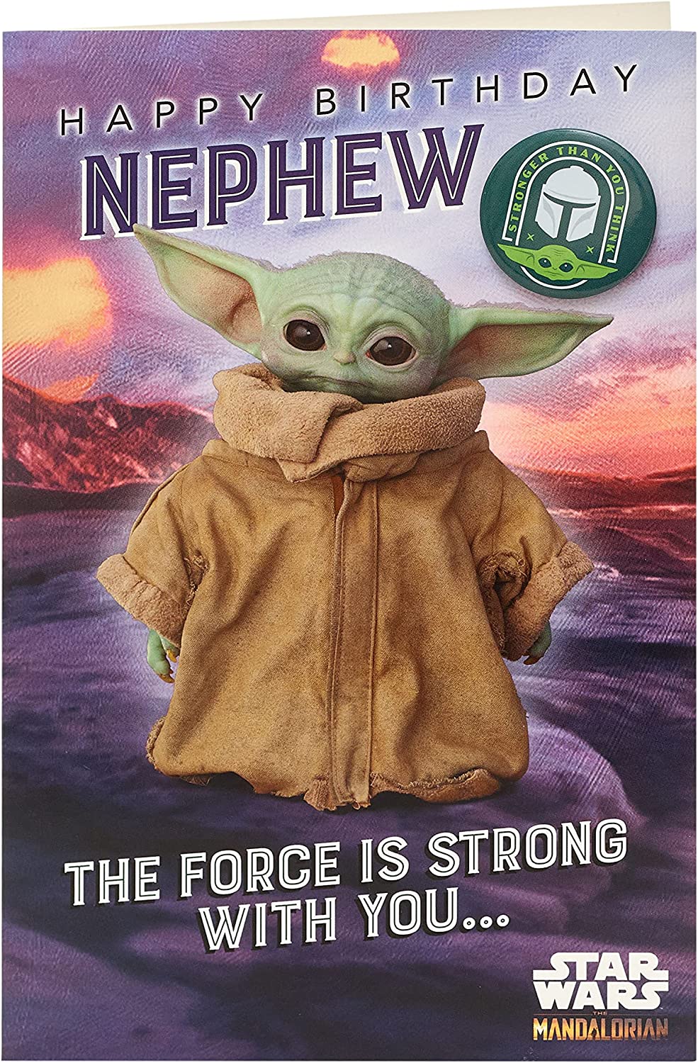 UK Greetings Baby Yoda Nephew birthday greeting card featuring a badge and cute Baby Yoda illustration.