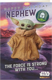 UK Greetings Baby Yoda Nephew birthday greeting card featuring a badge and cute Baby Yoda illustration.