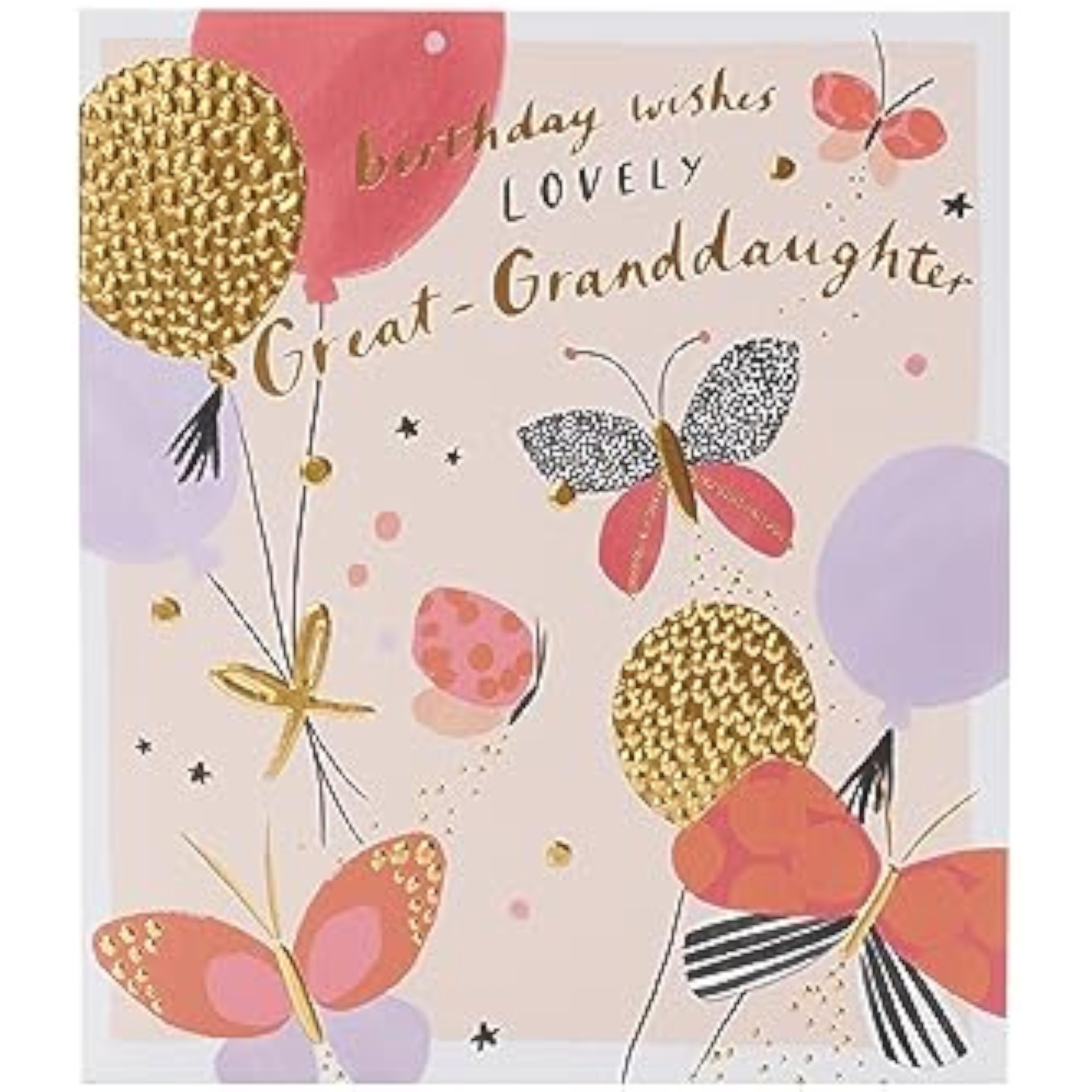 UK Greetings birthday card with colorful balloons and butterflies design for great granddaughter, perfect for celebrating her special day.
