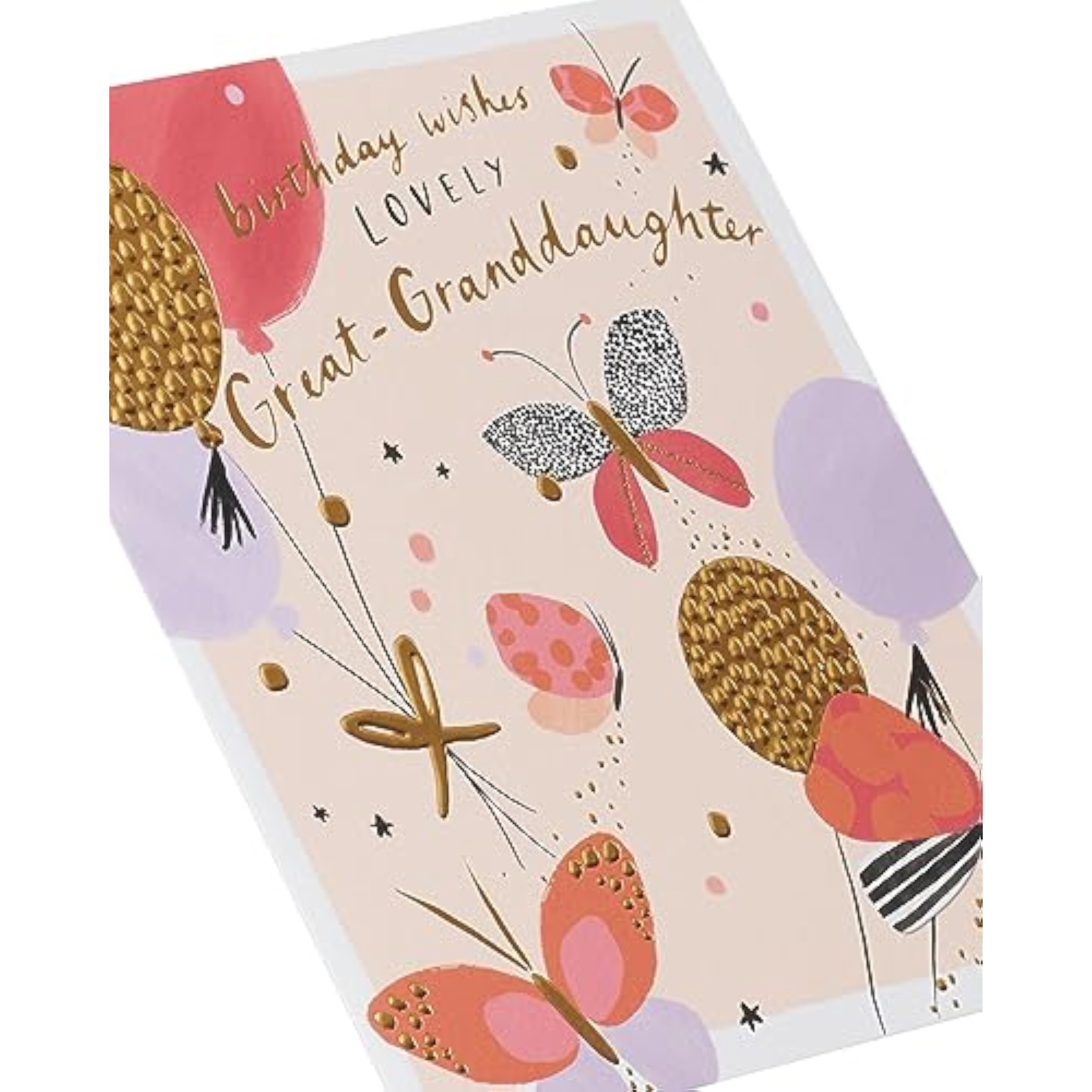 UK Greetings birthday card featuring balloons and butterflies design for great granddaughter, perfect for celebrating her special day.