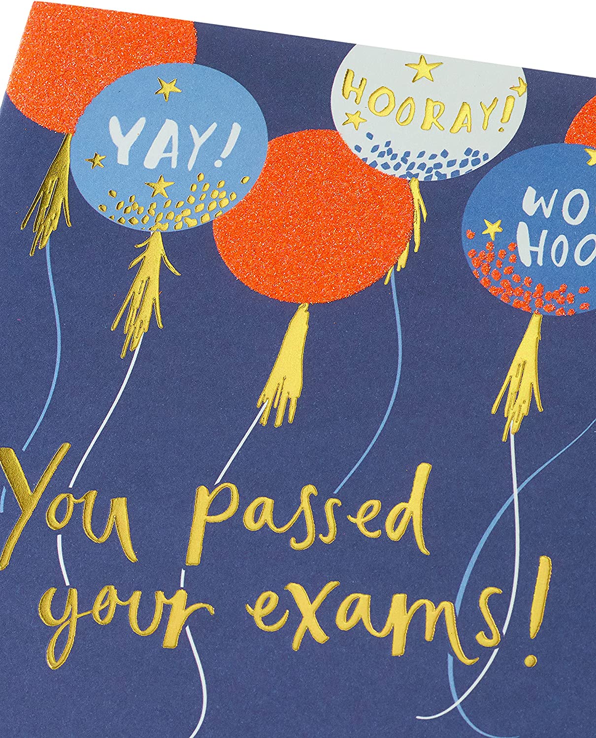 UK Greetings balloons design exams congratulations card featuring colorful balloon illustrations and celebratory message.