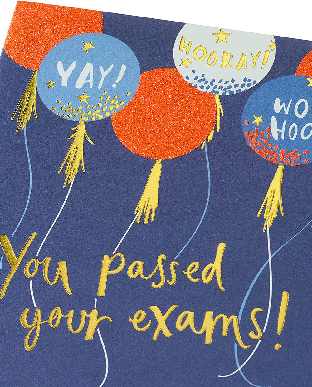 UK Greetings balloons design exams congratulations card featuring colorful balloon illustrations and celebratory message.