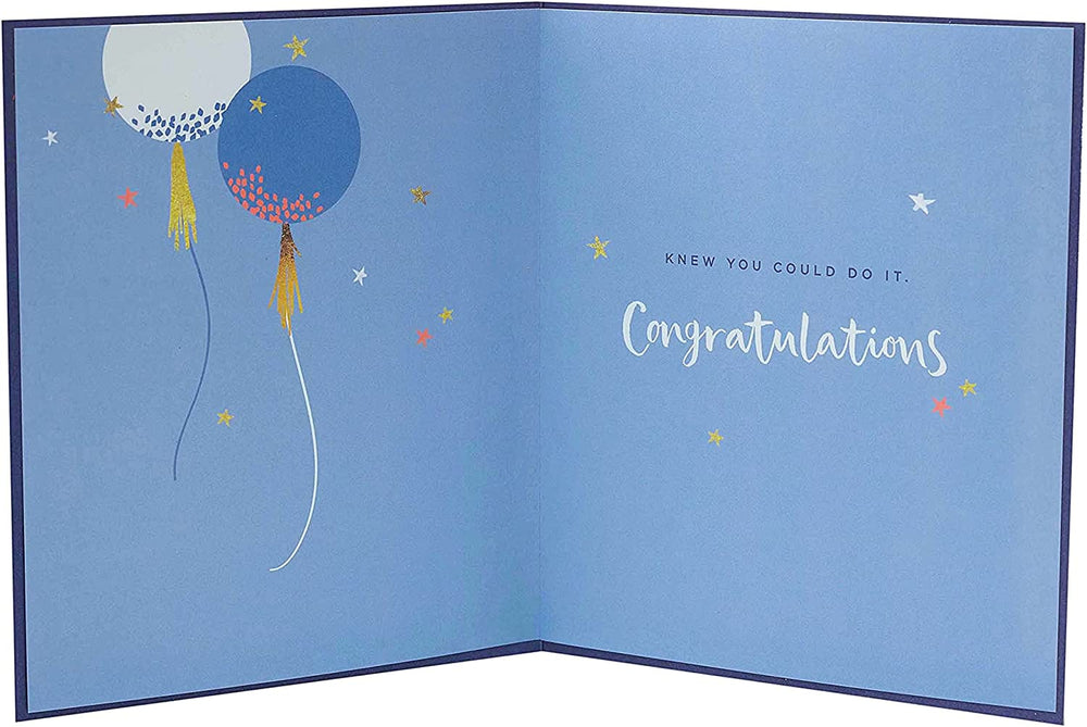 UK Greetings balloons design congratulation card for exams, featuring colorful balloon illustrations on a greeting card.