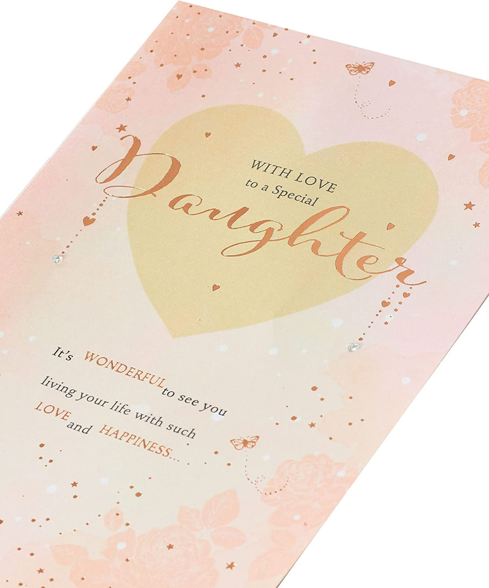 UK Greetings beautiful daughter birthday greeting card with sentimental message, featuring contemporary pink foil design.
